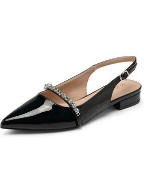 Women's Black Patent Leather Slingback Flats Rhinestone Closed Pointed Toe Shoes